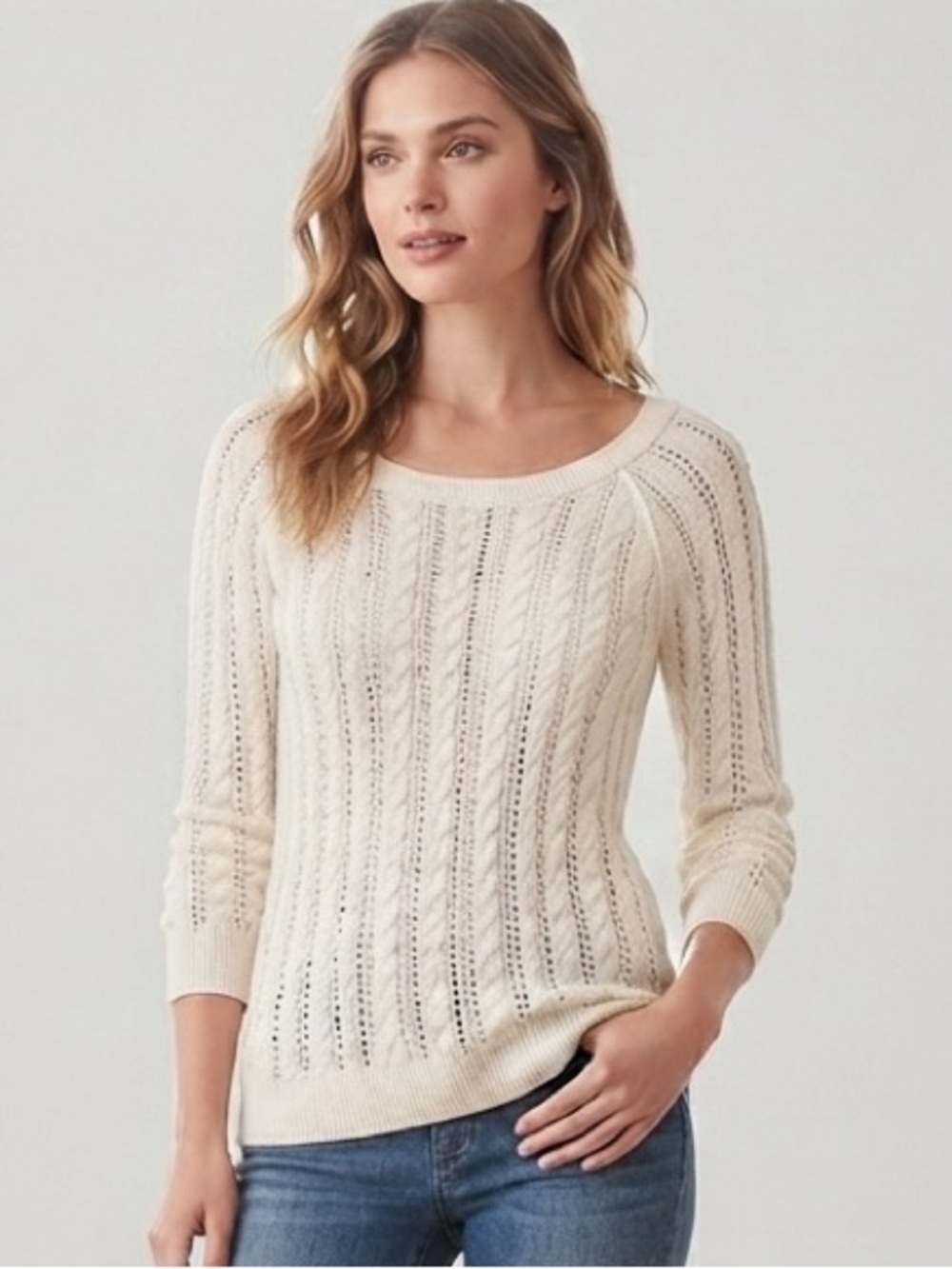 American Eagle Outfitters Women Cable Open Knit Sweater Boat Neck Off White SZ S